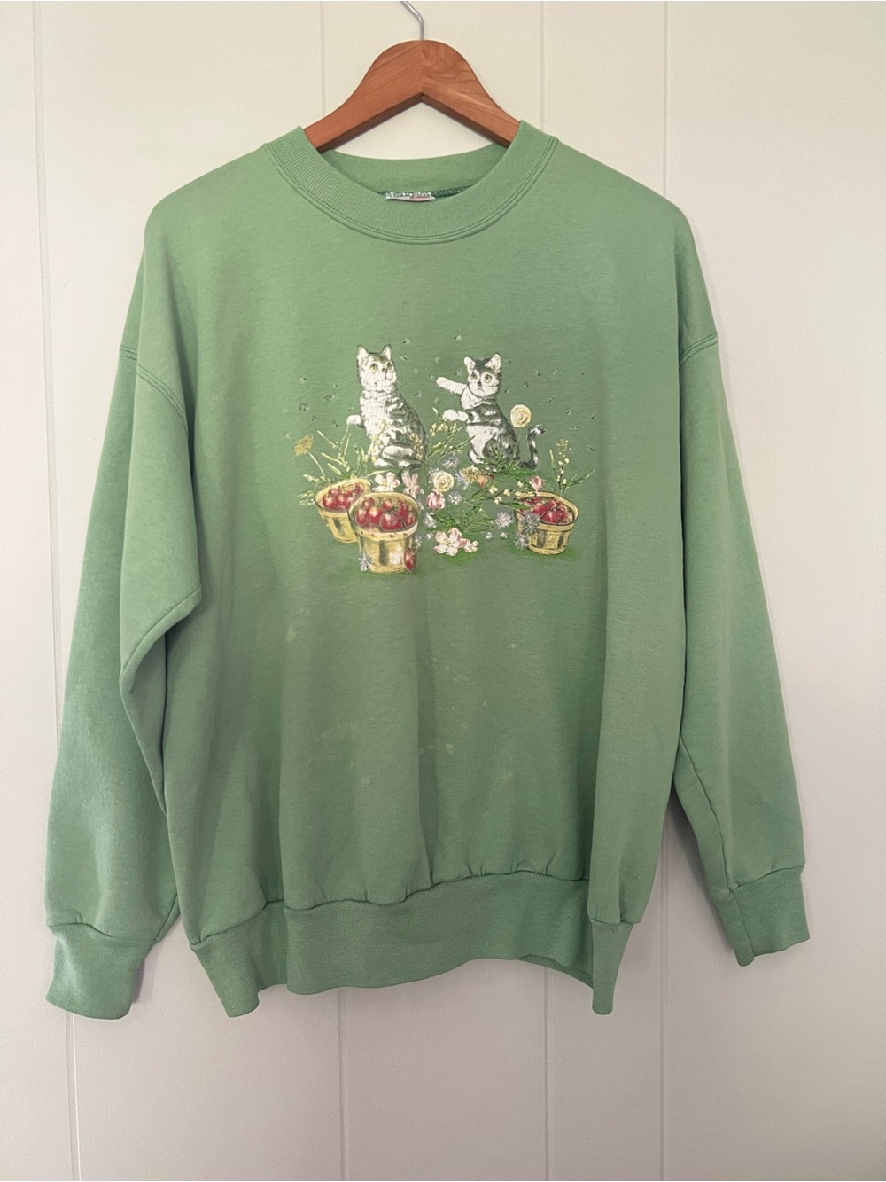 Vintage y2k Hanes Green Crewneck Cat Graphic Grannycore Cottagecore Sweatshirt L
